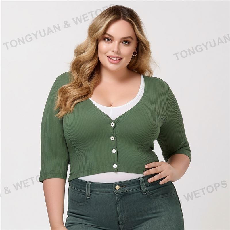 Womens Plus Size 2024 Wholesale Autumn White Green Puff 1/2 Sleeve Deep V Neck Button Front Crop Cardigan Sexy Women Sweater