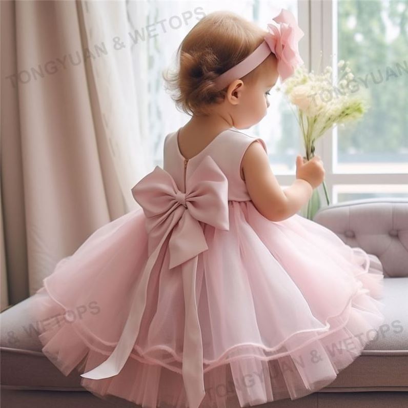 Custom Apparel Children's Dress Pink Sweet Backless Bow Girl Baby's First Birthday Dress Fluffy Girl Princess Dress