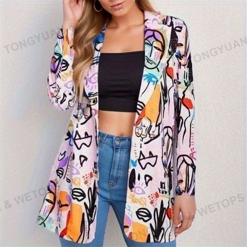 Custom Clothing Manufacturers Wholesale Logo Fashion Printed Casual Suit Mid-Length Jacket For Women