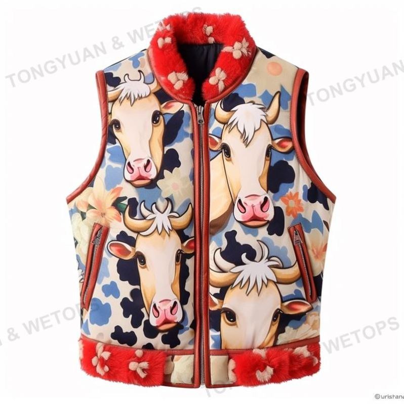 Plus Size High Quality Women's Cow Prints Winter Fashion Vest Jacket Sleeveless Causal Autumn Plush Zip Up Coat Jackets