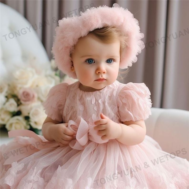 Custom Apparel Children's Dress Pink Sweet Backless Bow Girl Baby's First Birthday Dress Fluffy Girl Princess Dress