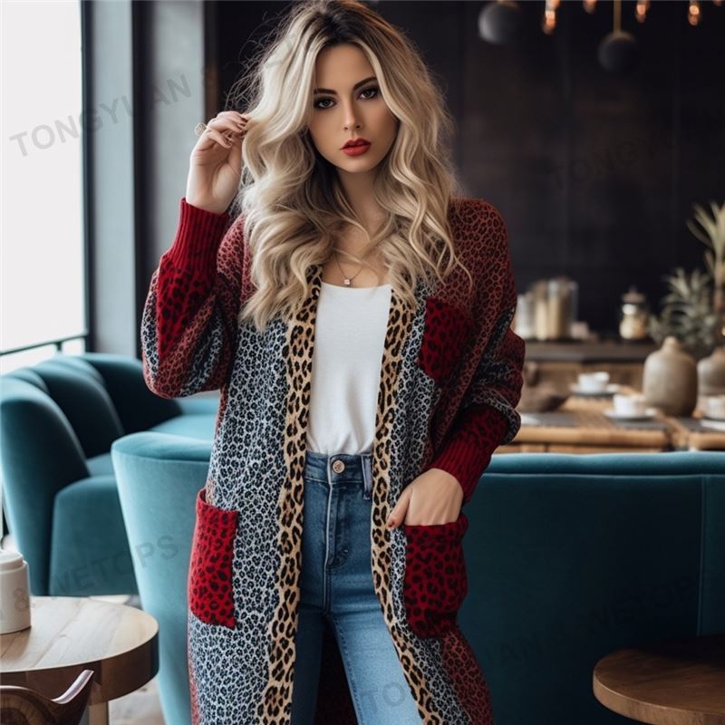 Autumn Winter Custom Cardigan Christmas Leopard Print Knitted Long Cardigan Women 2023 Style Open Pocket Sweater Tops Outwear