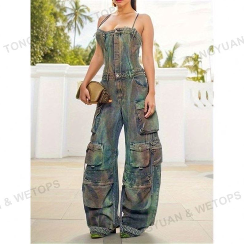 Custom Clothing Manufacturers Summer New Loose Fashion Spray Color One-Piece Camouflage Overalls Sexy Woman Jumpsuit