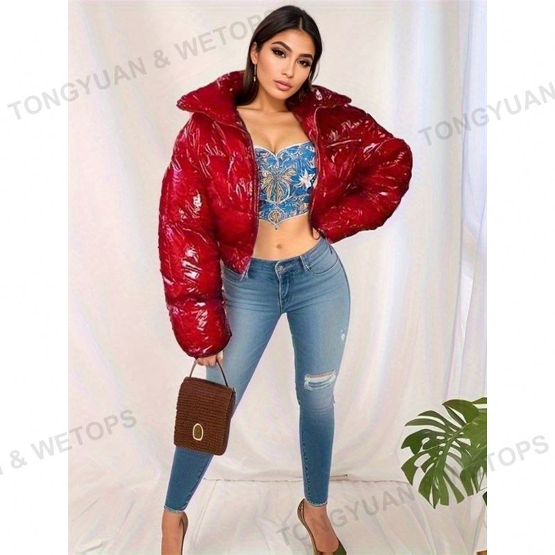 Custom Clothing PU Leather Puffier Shiny Vinyl Cotton Coat Cropped Puffer Jacket Zipper Stand Collar Waterproof Jackets