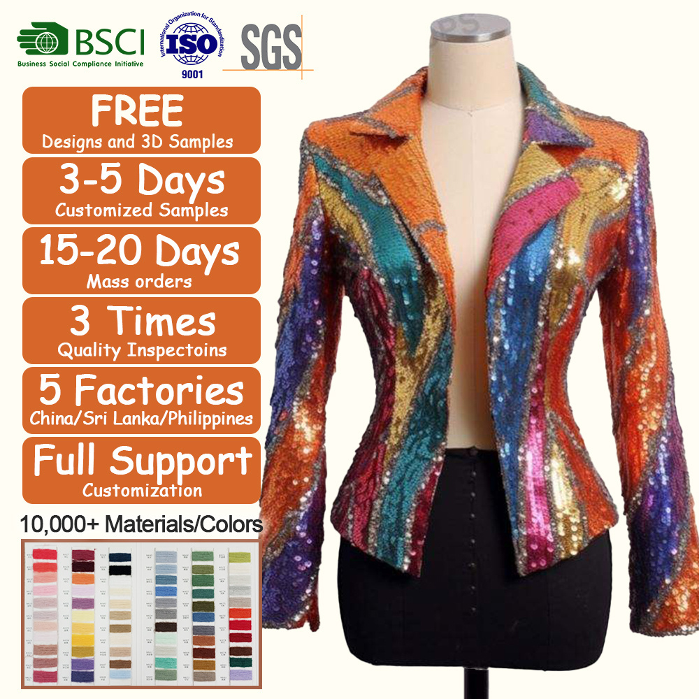 Custom Apparel Plus Size Jacket Custom Mardi Gras Sequined Jacket Women Luxury Jacket With Zipper