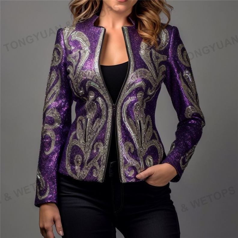 Custom Apparel Plus Size Jacket Custom Mardi Gras Sequined Jacket Women Luxury Jacket With Zipper