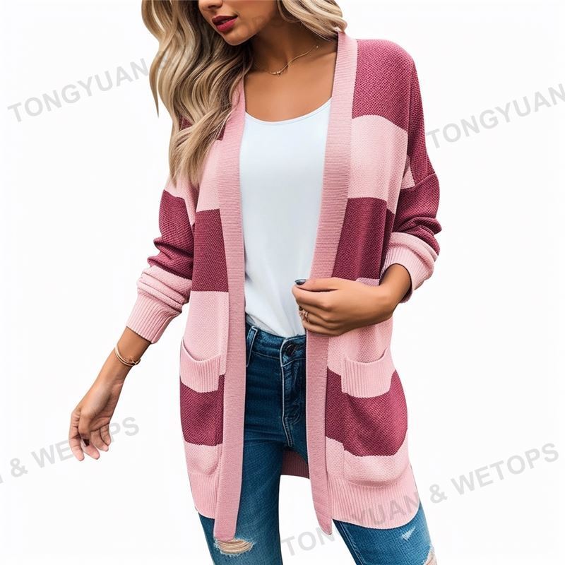 Womens Open Front Cardigans Striped Color Block Knit Womens Sweaters Cardigan With Pockets