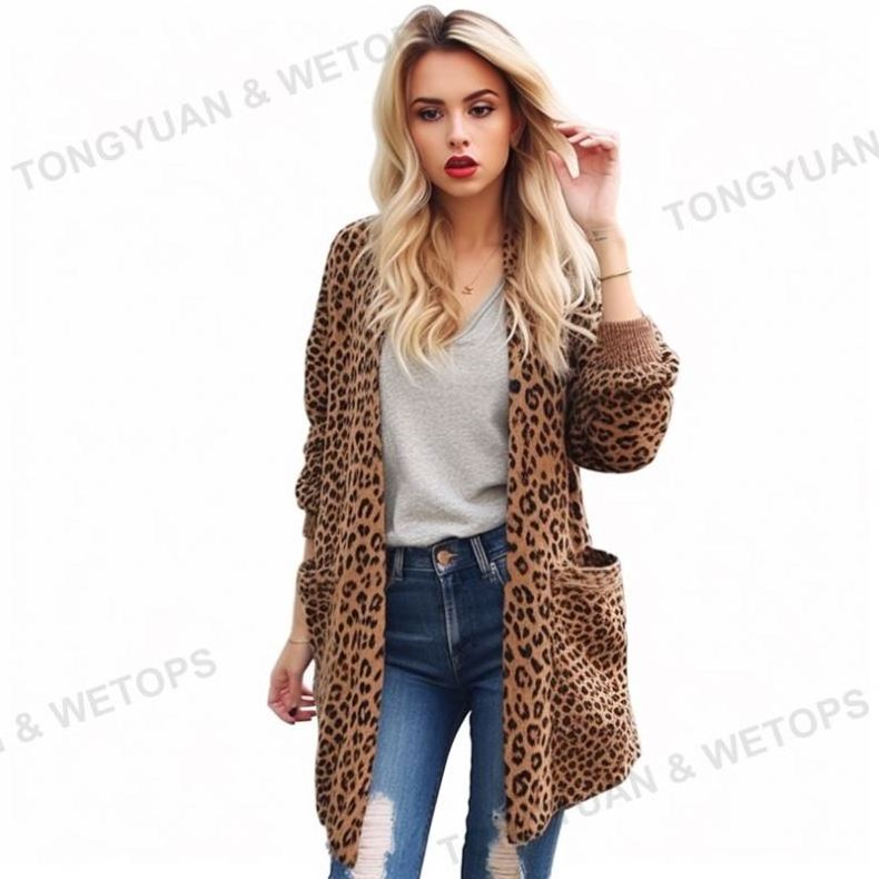 Autumn Winter Custom Cardigan Christmas Leopard Print Knitted Long Cardigan Women 2023 Style Open Pocket Sweater Tops Outwear