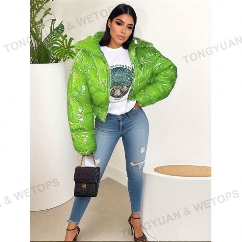 Custom Clothing PU Leather Puffier Shiny Vinyl Cotton Coat Cropped Puffer Jacket Zipper Stand Collar Waterproof Jackets