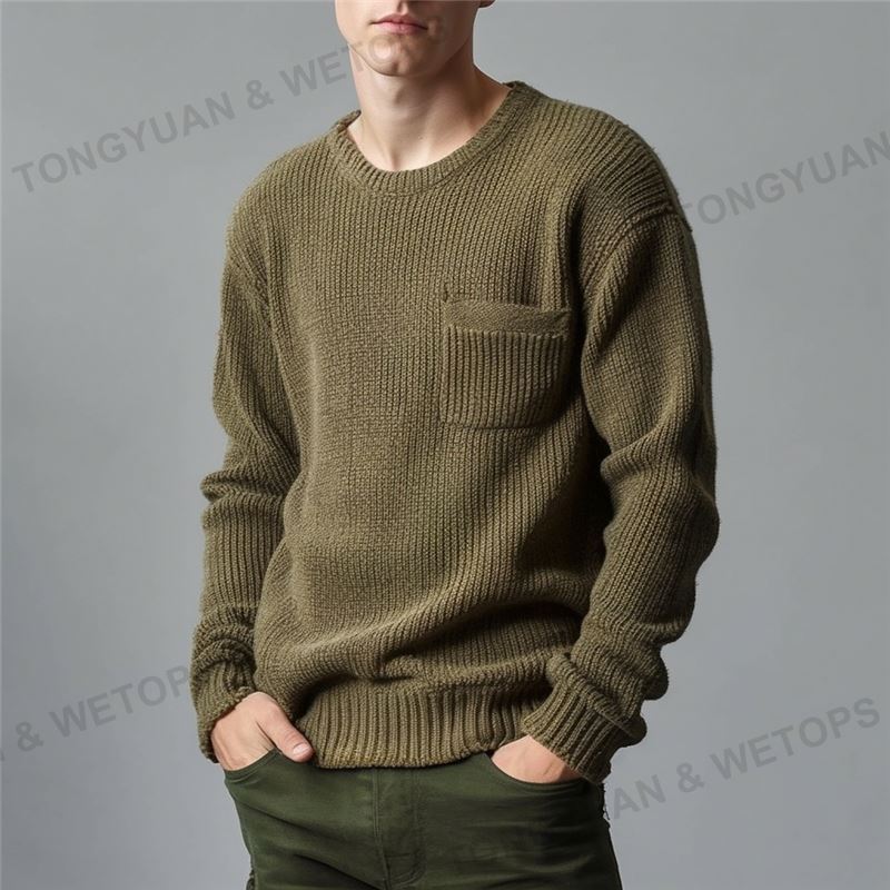 Men's Pullover Chunky Cotton Knit Plus Size Pullovers Polaire Ribbed Cuffs And Hem Distressed Pocket Crewneck Sweater