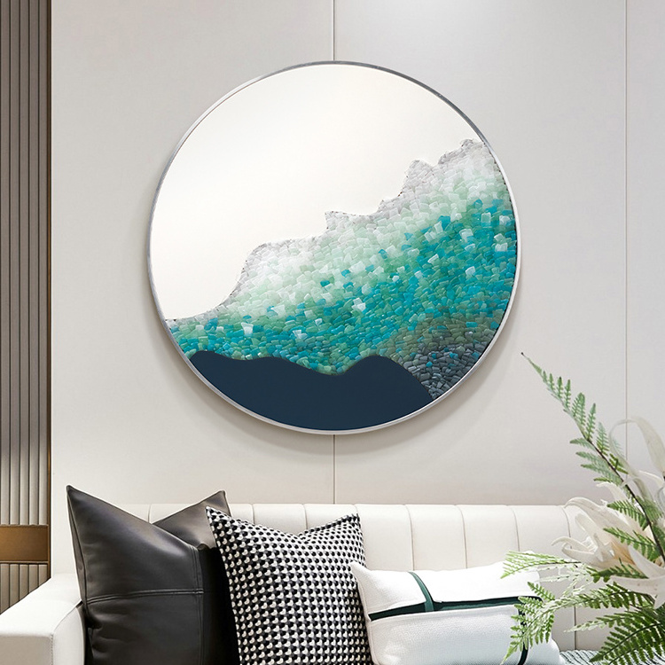 Modern blue tone living room decorative painting sea glass hand collage circular hanging picture abstract porch wall decocr