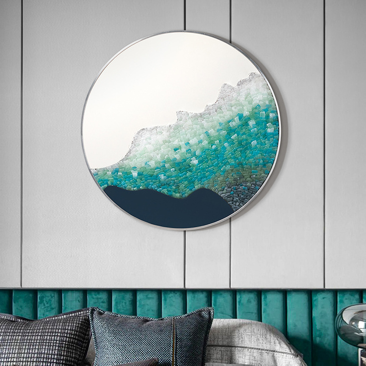 Modern blue tone living room decorative painting sea glass hand collage circular hanging picture abstract porch wall decocr