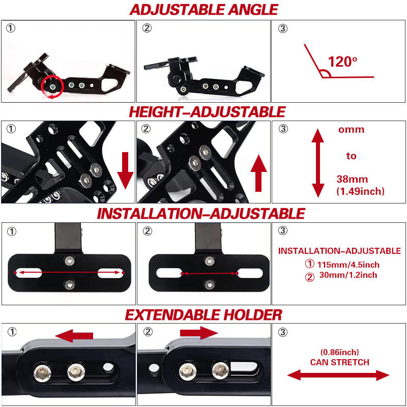 Adjustable CNC Aluminum Aircraft Licence Plate Holder Number Plate Bracket Motorcycle License Plate Rack With LED Light