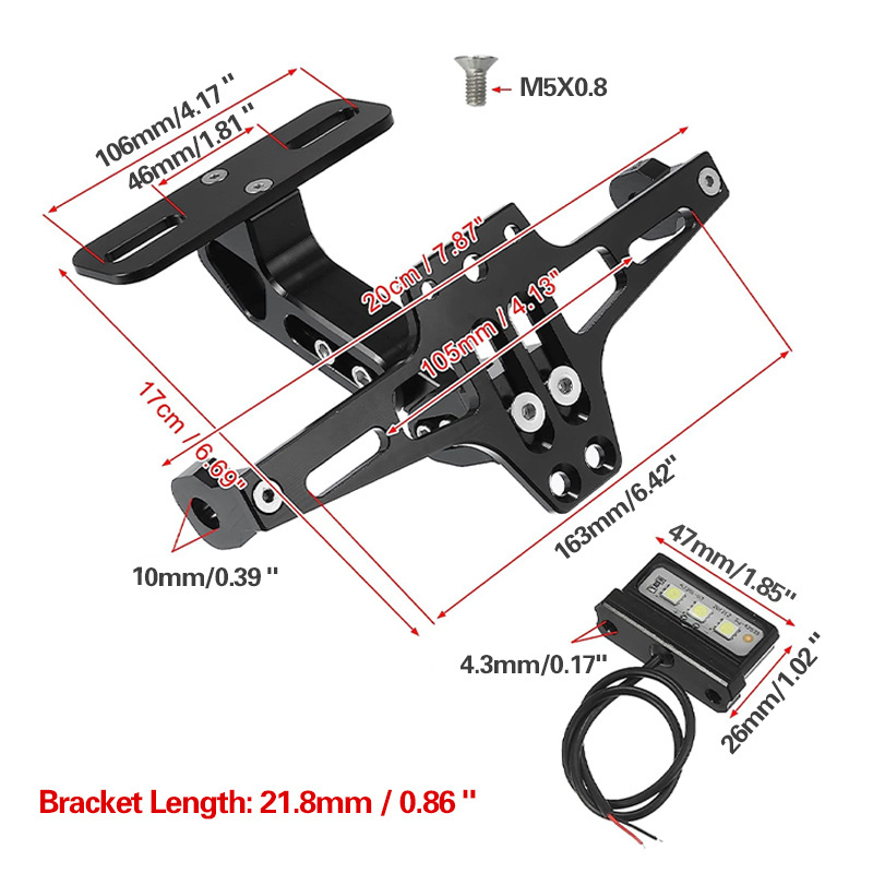 Adjustable CNC Aluminum Aircraft Licence Plate Holder Number Plate Bracket Motorcycle License Plate Rack With LED Light