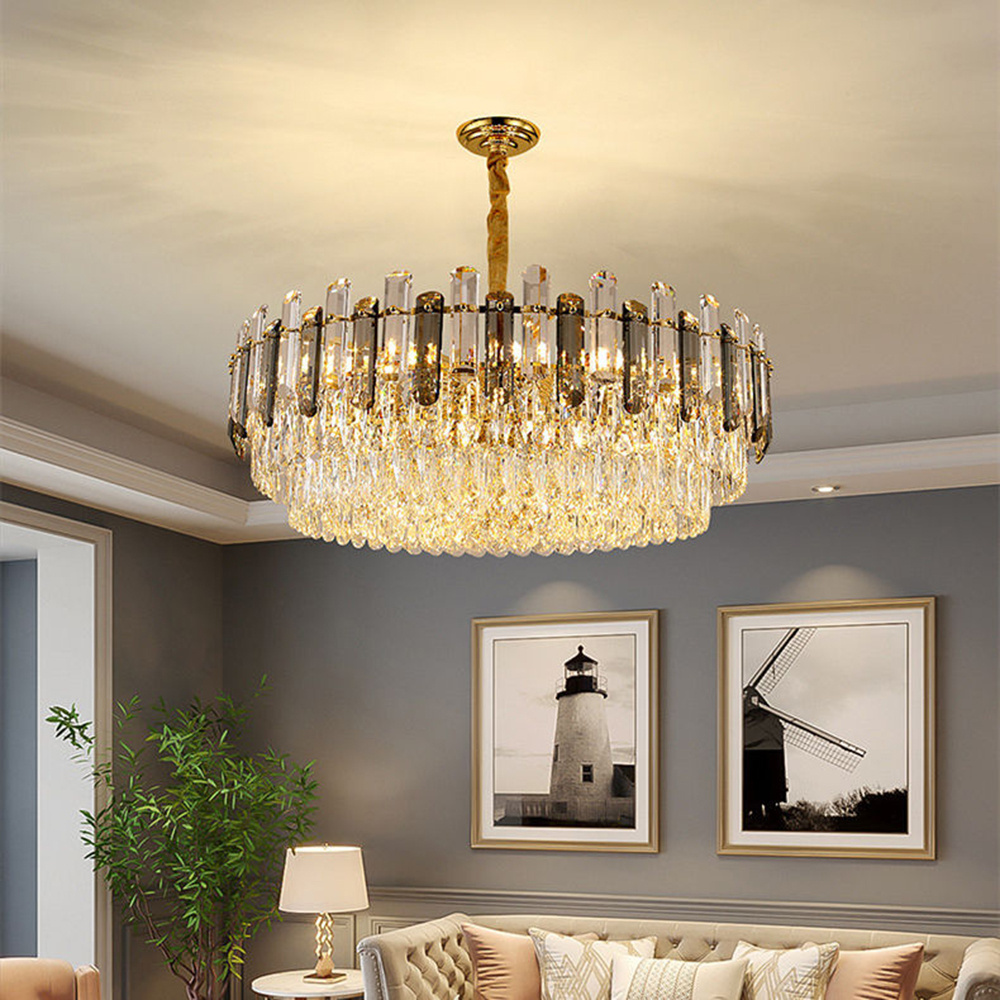 Best Quality Luxury Crystal Led Ceiling Chandelier Live Room Creative Pendant Lamp Rectangle Hanging Lights Fixture Smoky Gray K