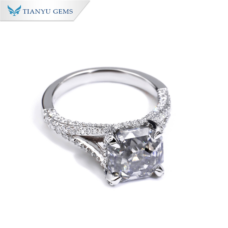 Tianyu Original 925 Sterling Silver Asscher Cut Grey Moissanite Ring Lab Grown Diamond Gold 10K 14K 18K Engagement Wedding Gift