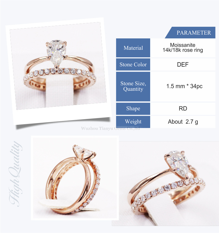 Tianyu Custom Fine Jewelry 14K 18K Solid Rose Gold Wedding Engagement Ring Set For Women With Pear Brilliant Diamond Moissanite