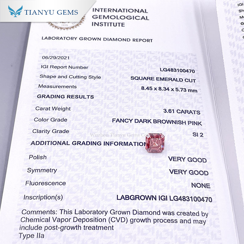 Tianyu Wholesale Big Carat Size 3.61ct Asscher Cut Natural Fancy Pink IGI Certified CVD Lab Grown Diamond