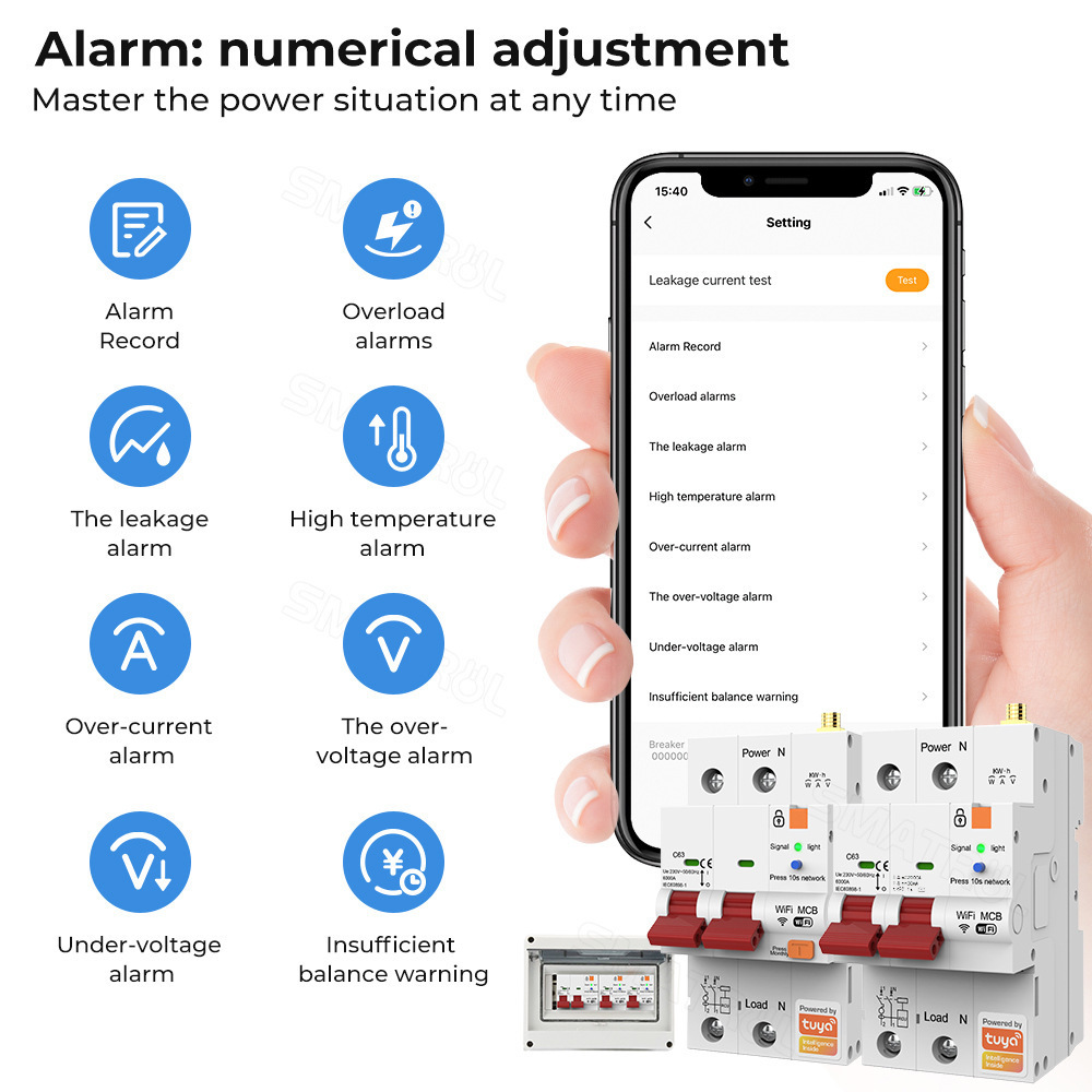 Automatic wireless interrupter reclosing switch with metering/timer 2p 63a adjustable tuya Wifi intelligent circuit breaker