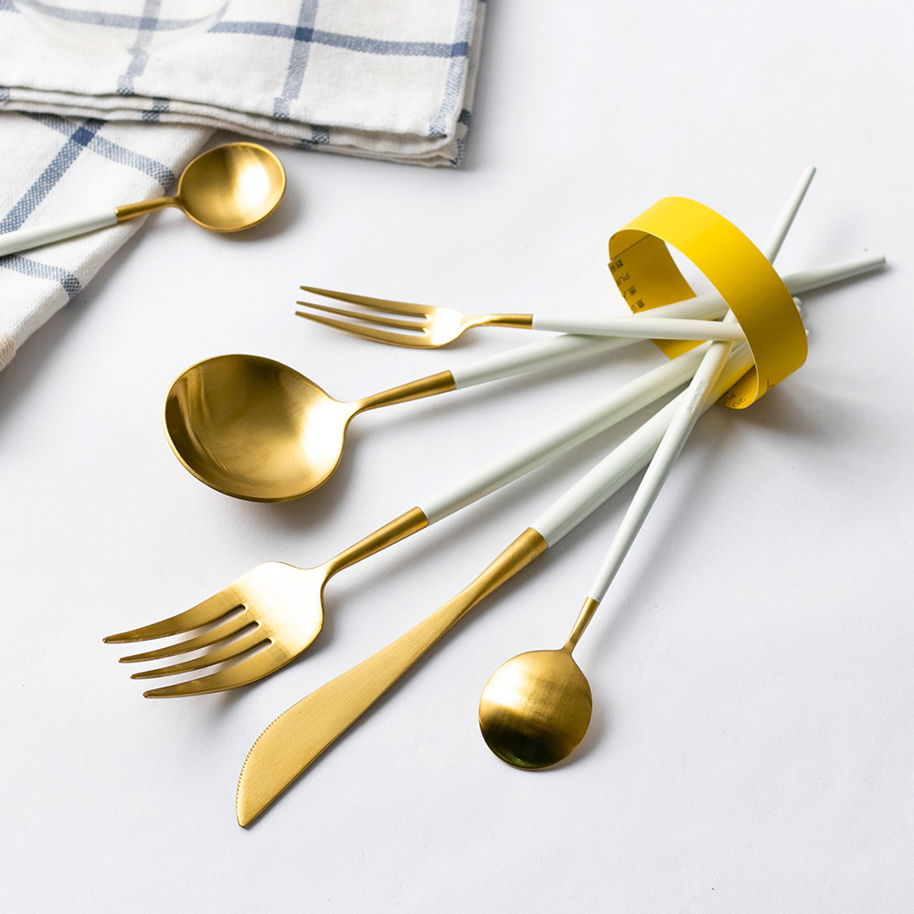 Solid Round White Ivory Handle Stylish Handmade Matte Golden Lifetime Flatware Sets