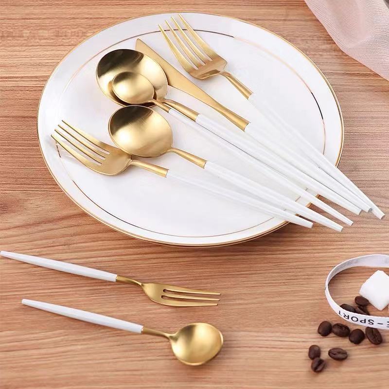 Solid Round White Ivory Handle Stylish Handmade Matte Golden Lifetime Flatware Sets