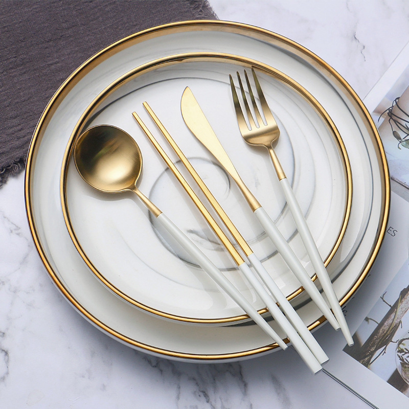 Solid Round White Ivory Handle Stylish Handmade Matte Golden Lifetime Flatware Sets