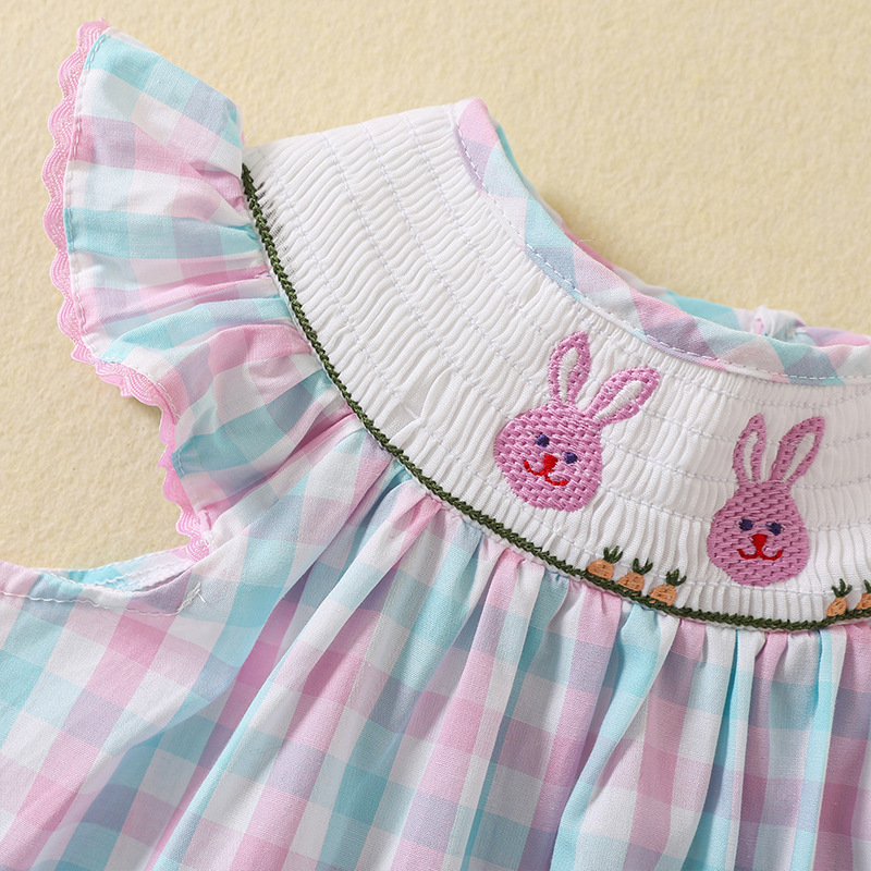 New Arrival Girls Summer Dress Custom Children Smocked Clothes Easter Holiday Boutique Bunny Embroidery Baby Girls Dresses