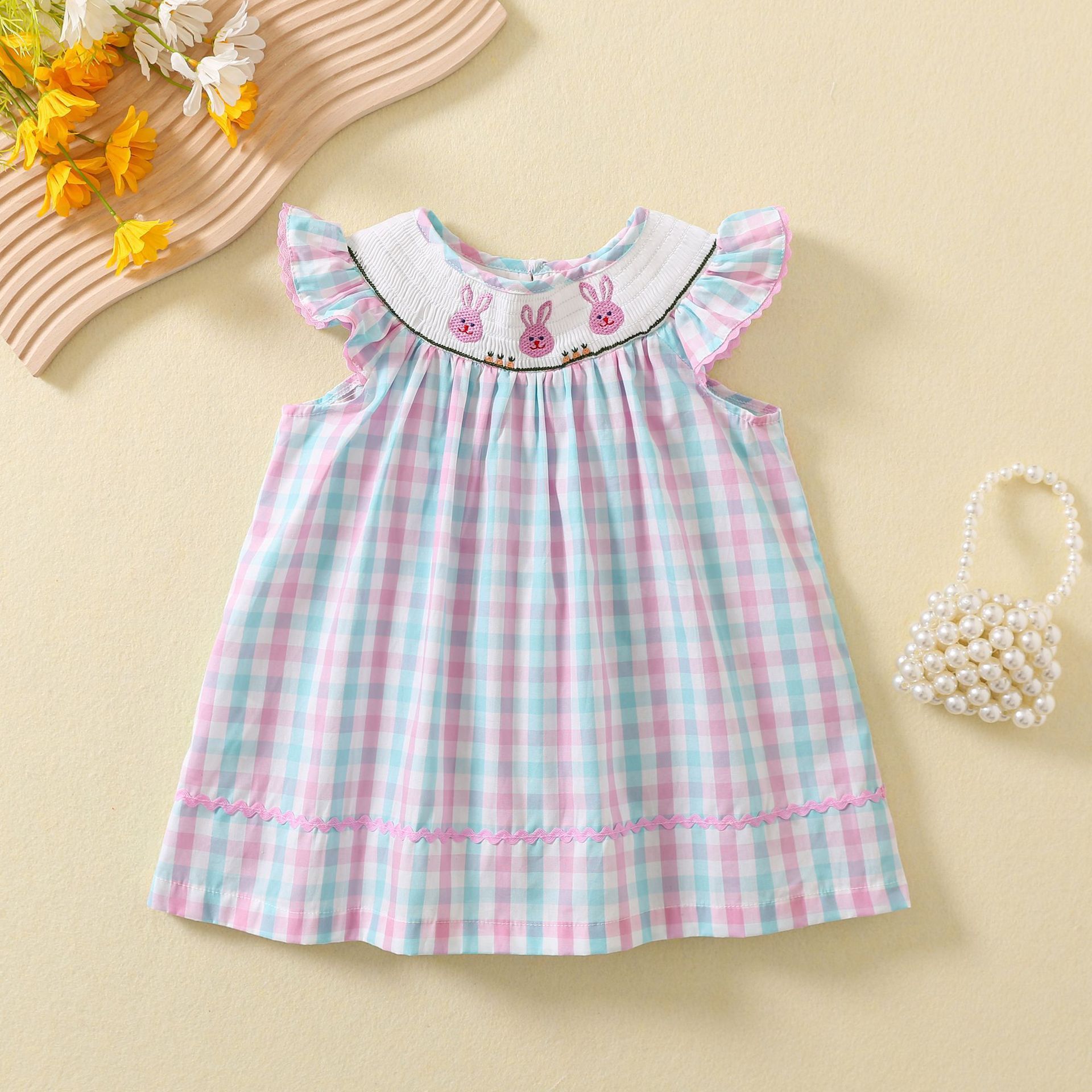 New Arrival Girls Summer Dress Custom Children Smocked Clothes Easter Holiday Boutique Bunny Embroidery Baby Girls Dresses