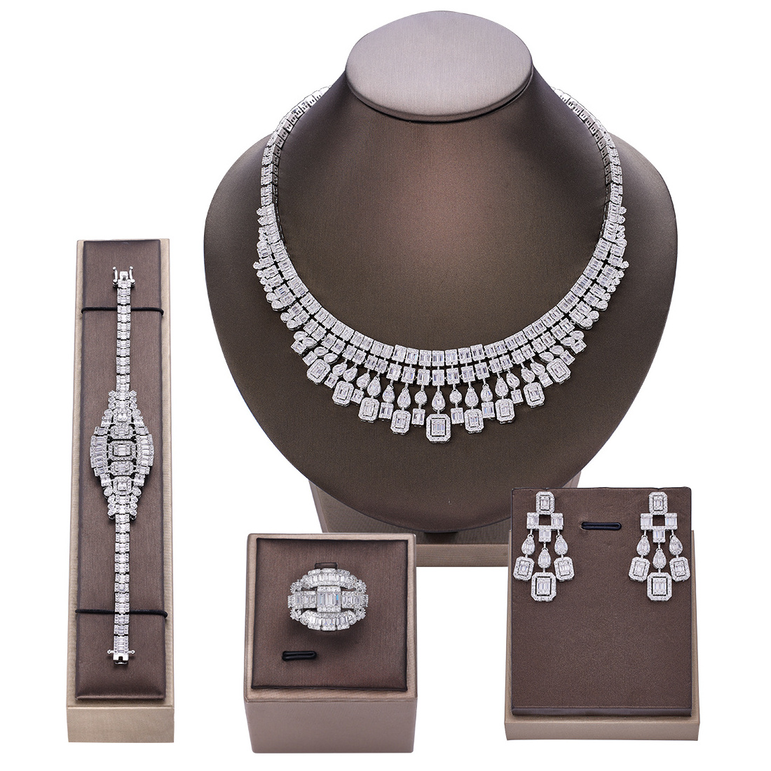 4PCS Jewelry Sets For Women Wedding Party Zircon Crystal Necklace Earring Sets Dubai Bridal Jewelry Set Gift