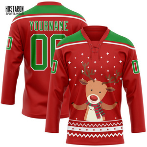 HOSTARON Logo Custom Sublimation Tackle Twill Embroidery Logo Patterns Ice Hockey Jersey Custom Christmas Youth Hockey Jersey