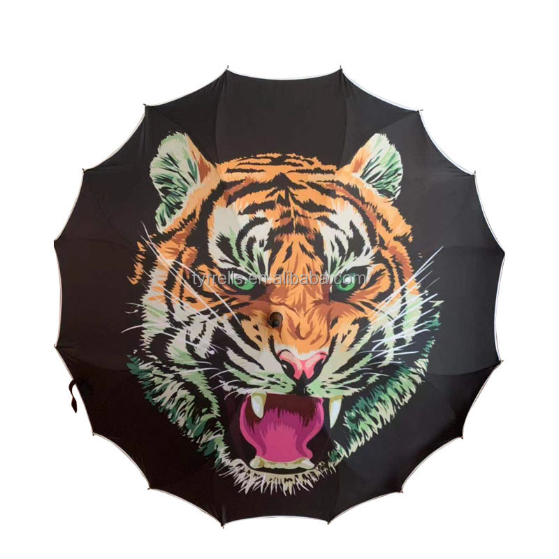 23 inches 16 ribs auto opening one oice canopy tiger umbrella with fiberglass frame 3D design customer design