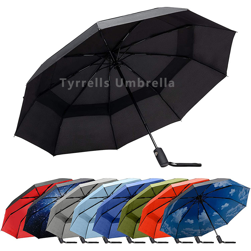 big size auto open and close 3 fold umbrella with J shape wooden handle black coated  fully automatic big size