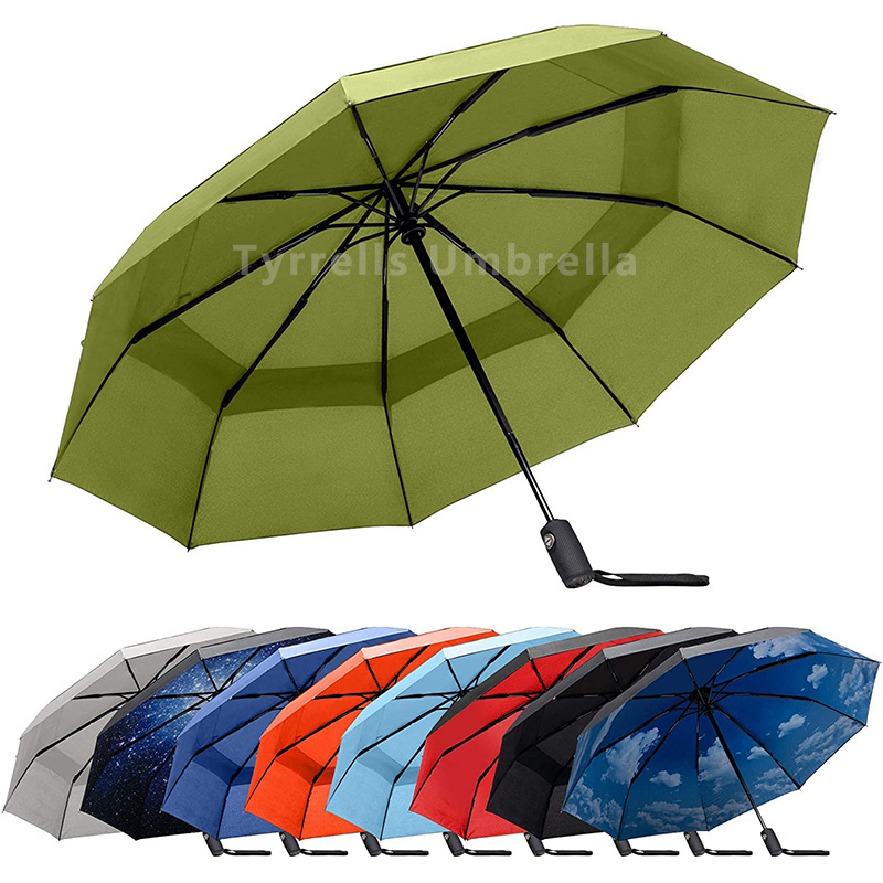 big size auto open and close 3 fold umbrella with J shape wooden handle black coated  fully automatic big size