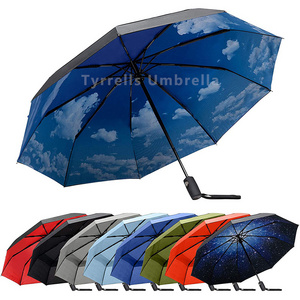 big size auto open and close 3 fold umbrella with J shape wooden handle black coated  fully automatic big size