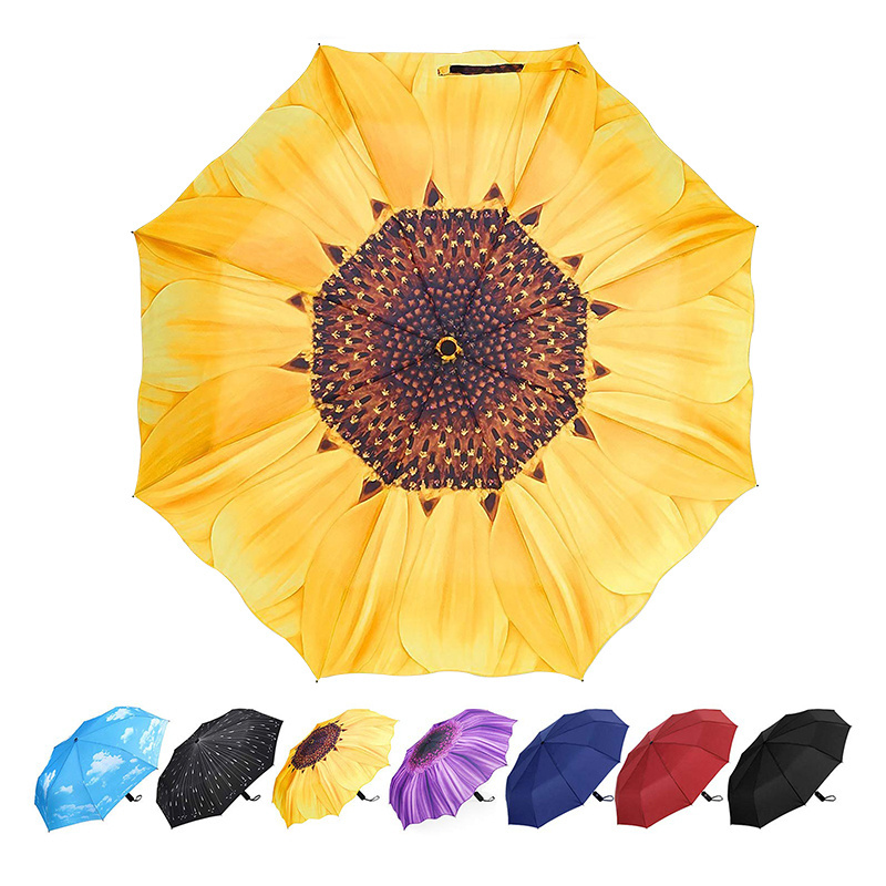 Yellow Sun flower Compact  high quality auto open and close 3 fold umbrella   automatic folding umbrellas