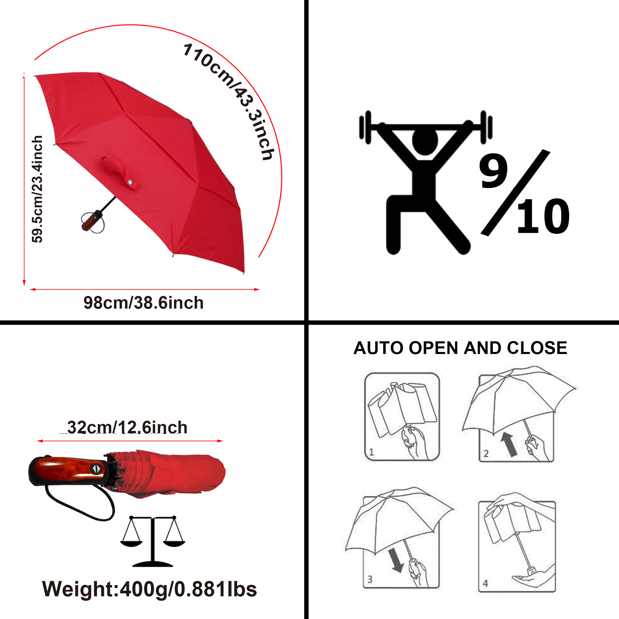 big size folding umbrella High quality custom logo fully automatic three-fold umbrella for promotion Candy red