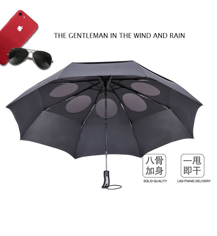 Windproof compact double canopy travel black automatic mini golf black custom three folding umbrella