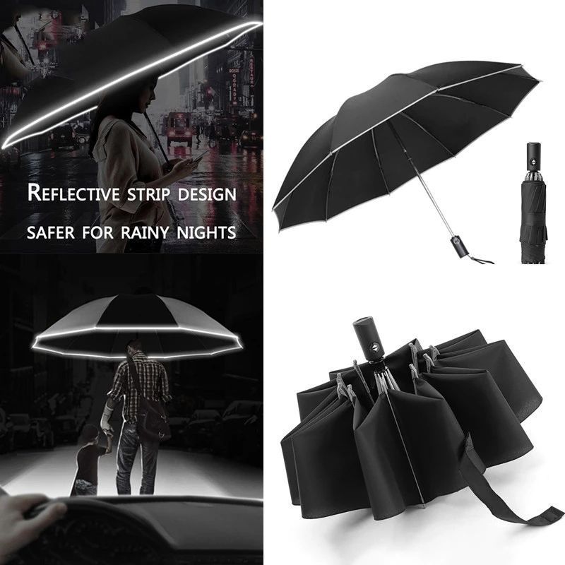 Led Full Automatic Inverted 10k Windproof Umbrellas Flashlight 3 Folding Reflective Stripe LED Light Umbrella