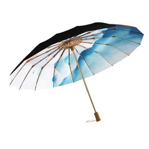 TR The new 16-bone three-fold umbrella sun umbrella rain and sunshine retro-solid wood handle Black Rubber Sun umbrella