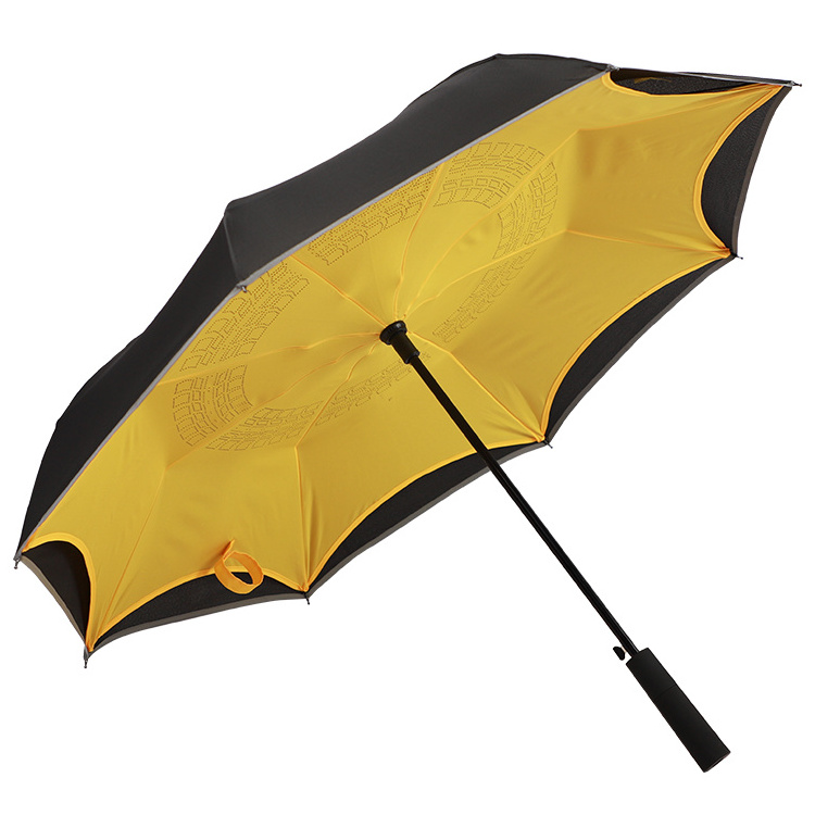 23 Inch Manual Open Auto Close Inverted Double Layer Reverse Umbrella With Reflective Piping LED Light