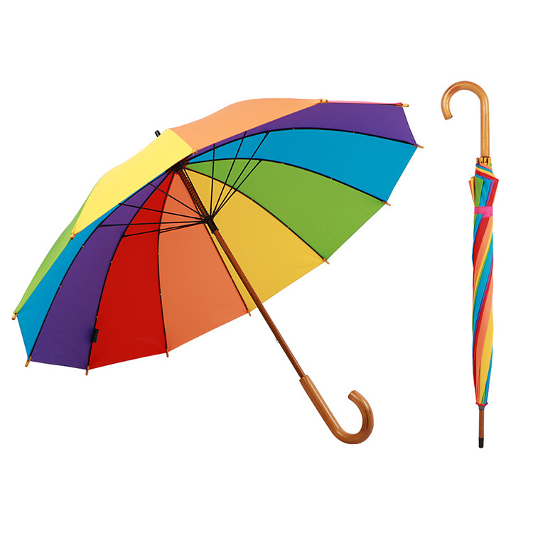 2022 Wood Handle Fashion 12 Ribs Straight Windproof Colorful Rainbow Umbrella