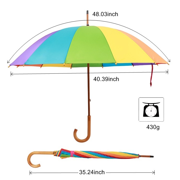 2022 Wood Handle Fashion 12 Ribs Straight Windproof Colorful Rainbow Umbrella