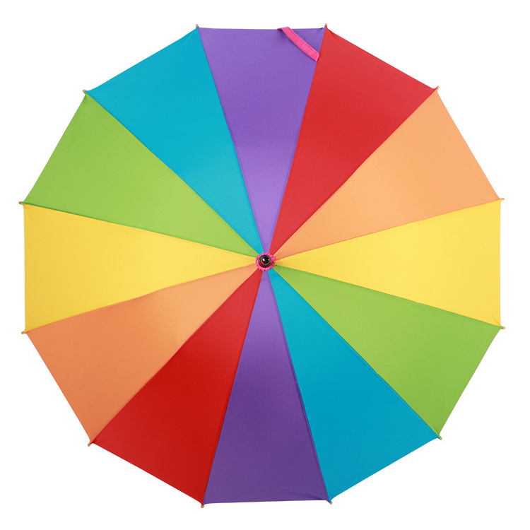 2022 Wood Handle Fashion 12 Ribs Straight Windproof Colorful Rainbow Umbrella