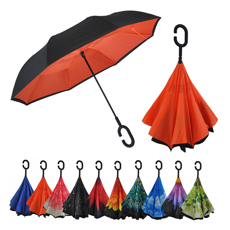 Custom Vendor Reverse Inverted  C Shape Handle Up Side Down Umbrella