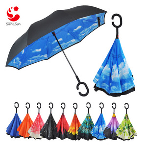 Custom Printed Reverse Upside Down Umbrella Double Layer Inside Out C Hands Free Inverted Umbrella