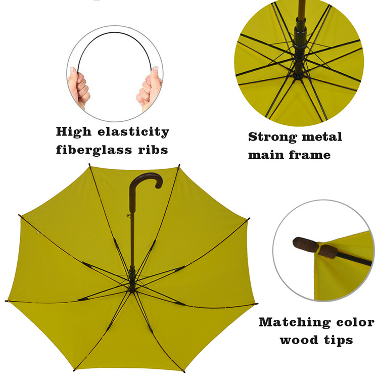 Wooden windproof straight yellow walking stick umbrella