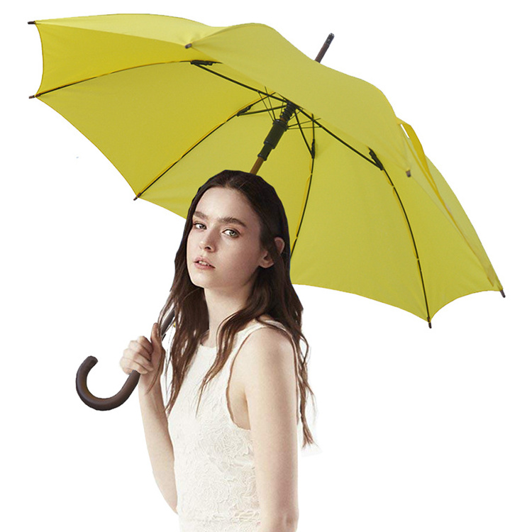 Wooden windproof straight yellow walking stick umbrella