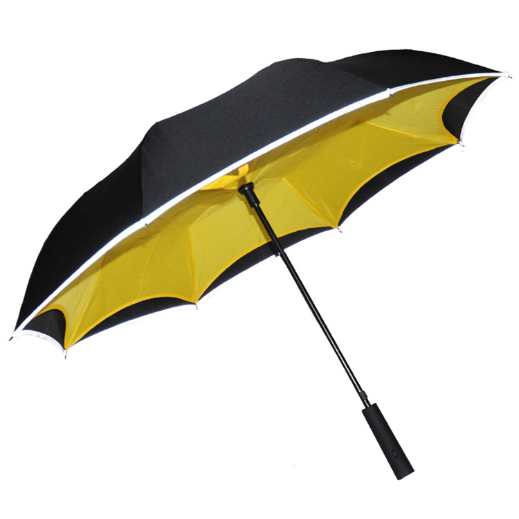 Modern Style Automatic Yellow And Black Inverted Reverse Umbrella with LED Light Handle