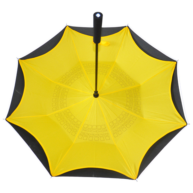 Modern Style Automatic Yellow And Black Inverted Reverse Umbrella with LED Light Handle