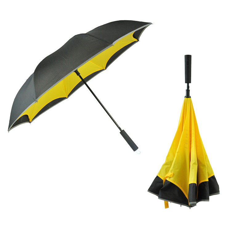 Modern Style Automatic Yellow And Black Inverted Reverse Umbrella with LED Light Handle